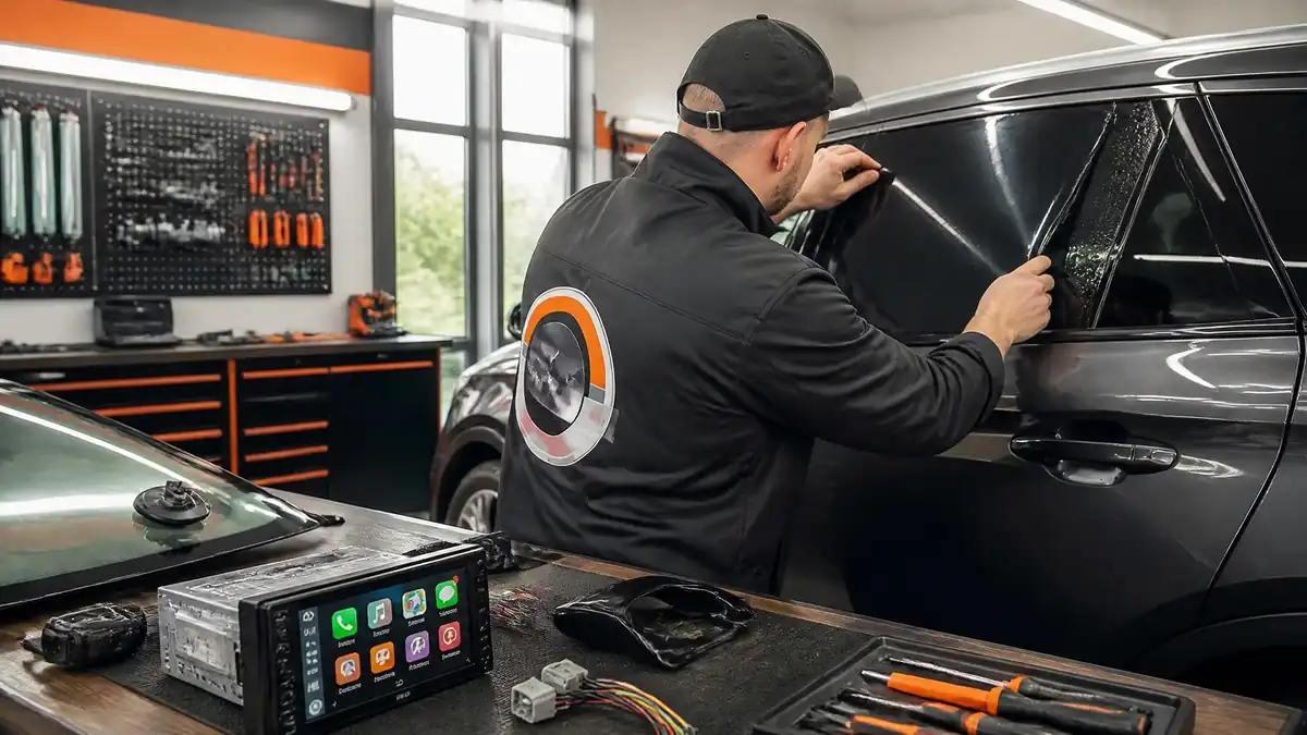 Technicien appliquant un film teinté sur une vitre de voiture dans l'atelier select Auto Pro