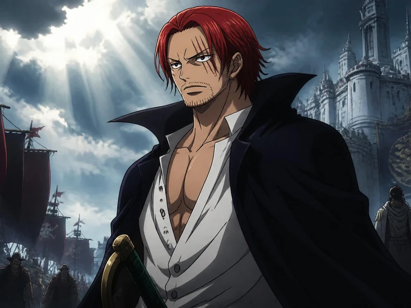 Portrait du pirate shanks Le Roux debout devant son navire et un château sous un ciel nuageux
