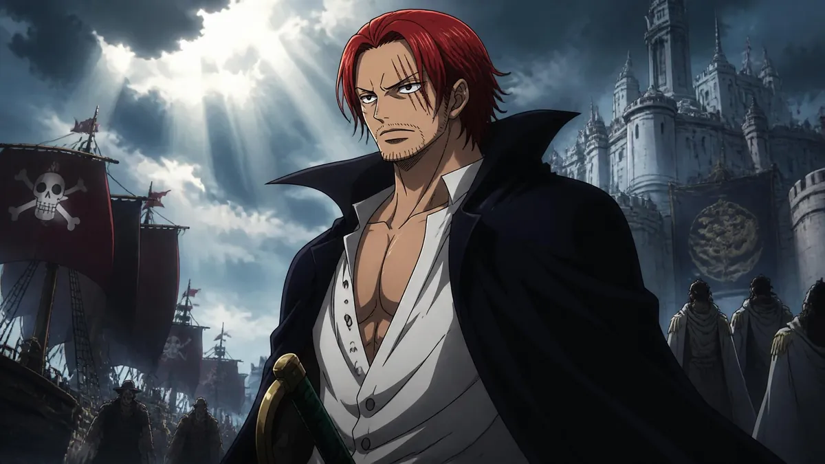 Portrait du pirate shanks Le Roux debout devant son navire et un château sous un ciel nuageux