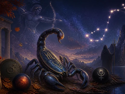 Illustration mystique représentant le signe du Scorpion sous un ciel étoilé avec des symboles astrologiques