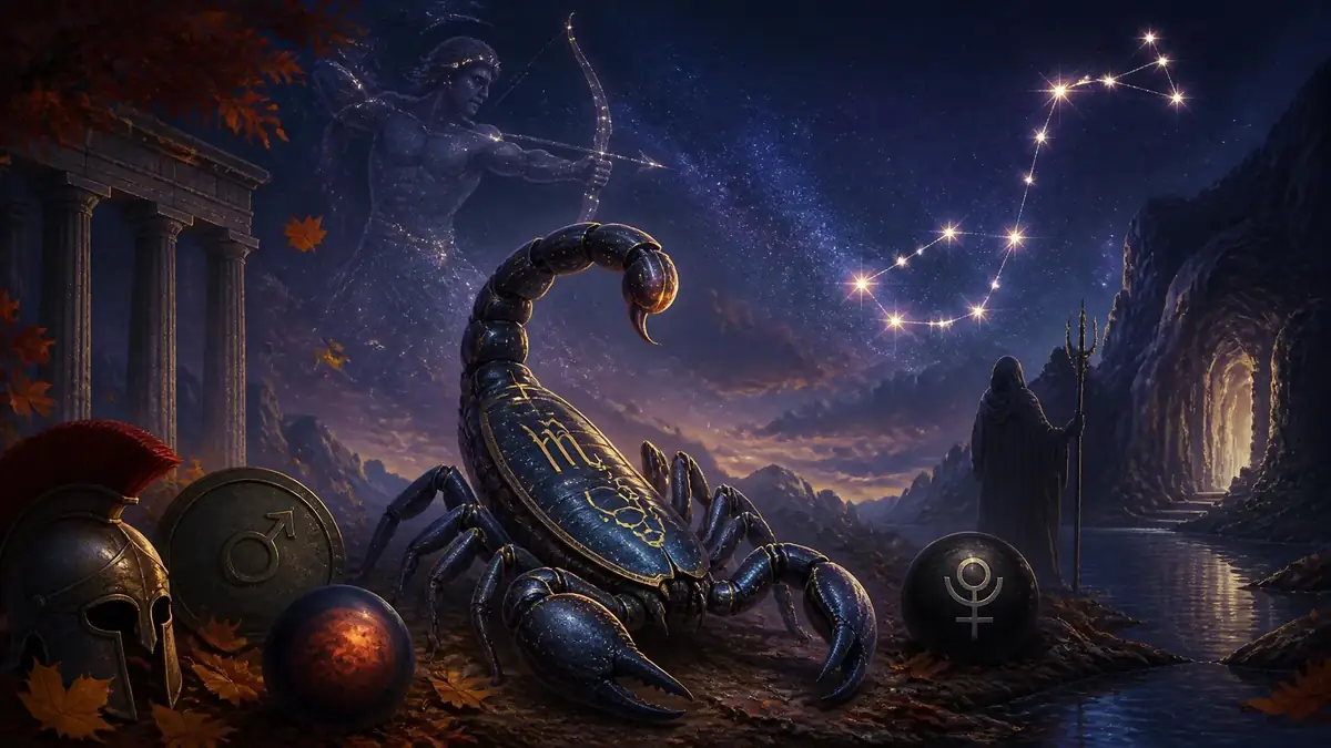 Illustration mystique représentant le signe du Scorpion sous un ciel étoilé avec des symboles astrologiques