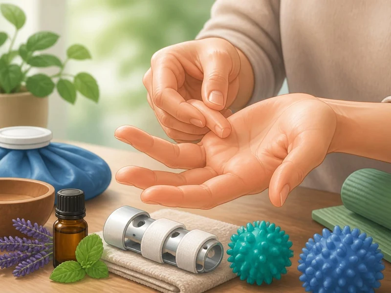Une personne utilise des accessoires de massage et des huiles pour soigner naturellement un doigt ressaut