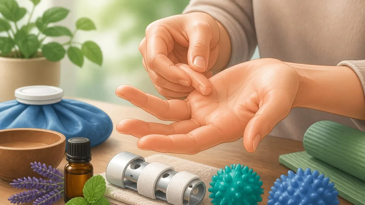 Une personne utilise des accessoires de massage et des huiles pour soigner naturellement un doigt ressaut