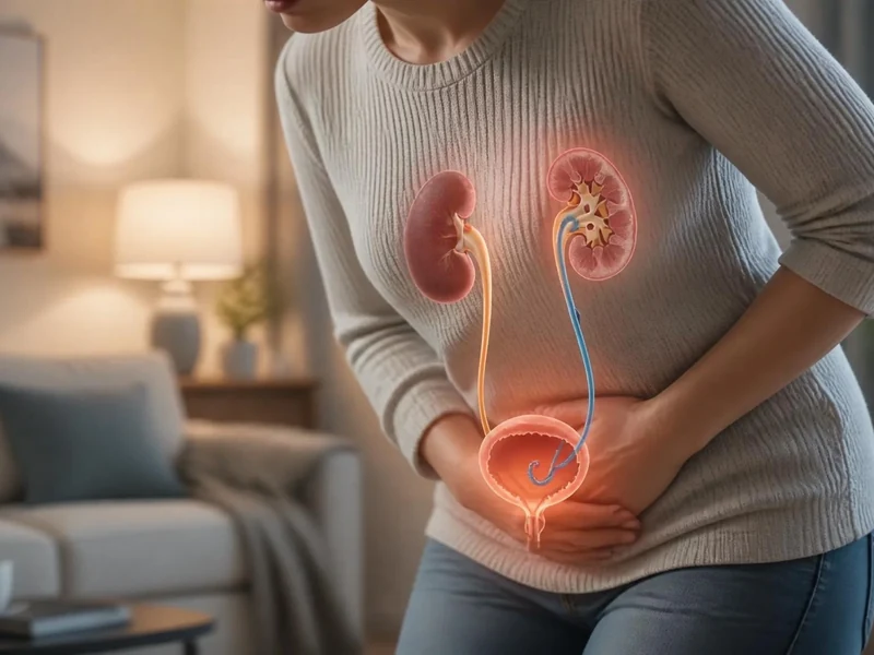 Une femme souffrant de douleurs abdominales illustrant le lien entre sonde JJ et fatigue