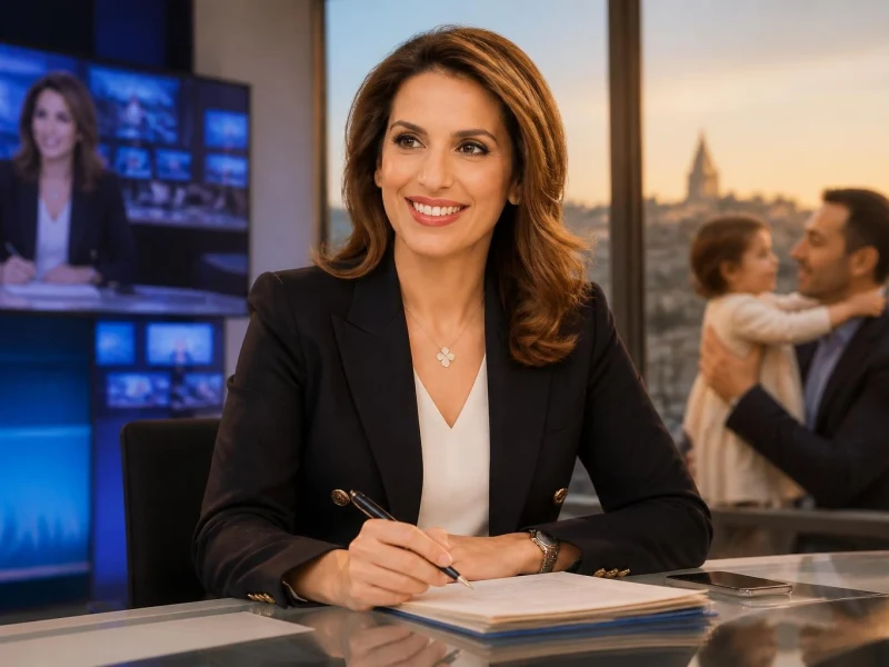 Sonia Mabrouk Marie apparaît souriante en studio tandis qu'un homme tient un enfant en arrière-plan