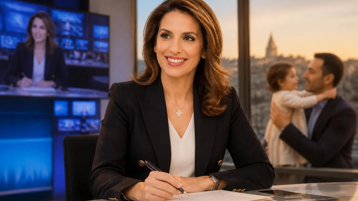 Sonia Mabrouk Marie apparaît souriante en studio tandis qu'un homme tient un enfant en arrière-plan