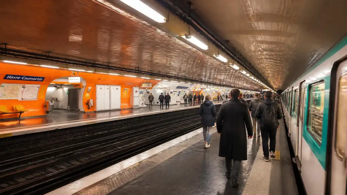 Des passagers marchent sur le quai de la station Havre-Caumartin avec un métro à l'arrêt