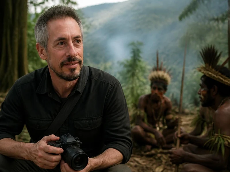Stéphane Breton observe avec attention des membres d'une tribu autochtone en pleine forêt tropicale