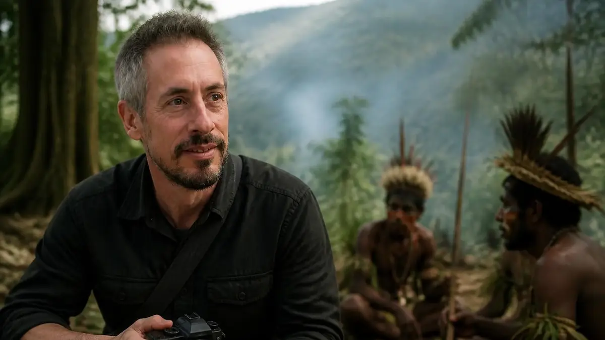 Stéphane Breton observe avec attention des membres d'une tribu autochtone en pleine forêt tropicale