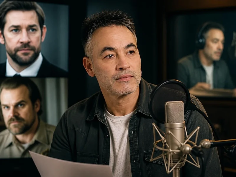Stéphane Pouplard en studio d'enregistrement devant un micro avec des images de personnages à l'arrière-plan