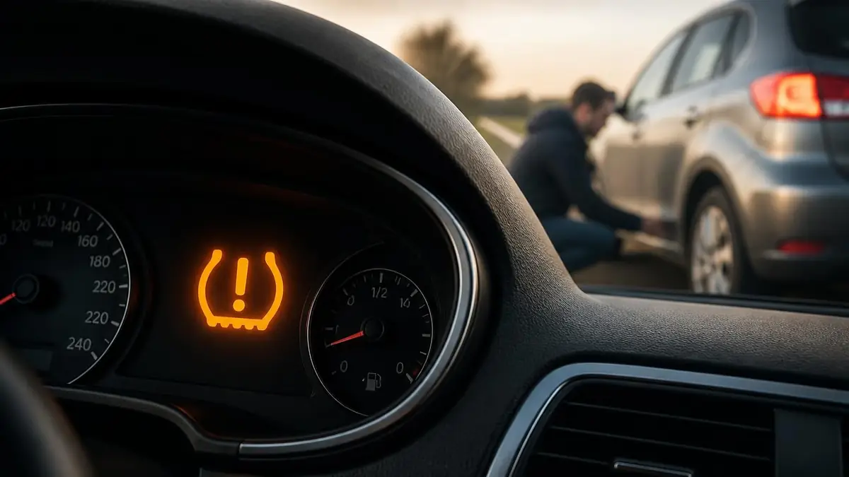 Tableau de bord affichant un voyant point d'exclamation orange avec un automobiliste vérifiant son pneu en arrière-plan