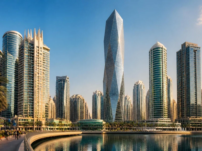 Vue panoramique de gratte-ciels à Dubaï mettant en évidence la Almas Tower taille impressionnante au centre du quartier