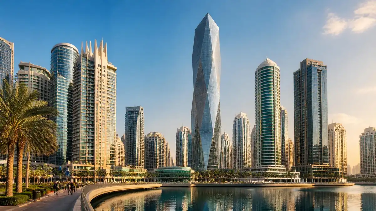 Vue panoramique de gratte-ciels à Dubaï mettant en évidence la Almas Tower taille impressionnante au centre du quartier
