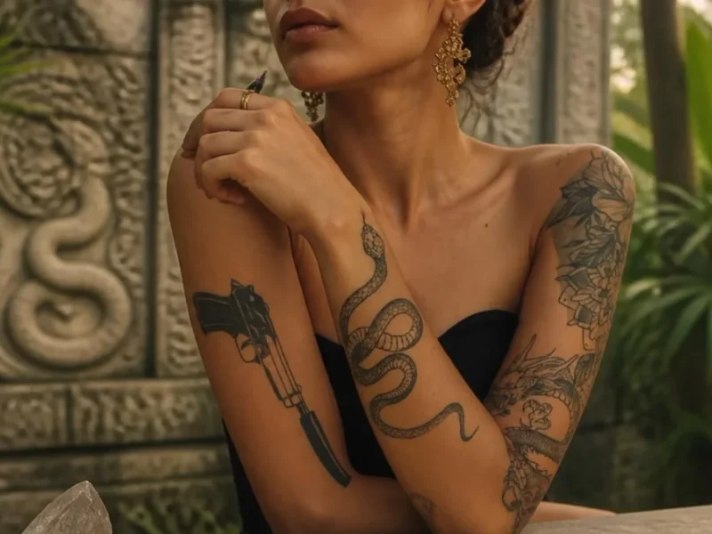 Une personne tatouée d'un serpent et d'une arme pose devant un livre ancien pour illustrer la tatouage serpent signification