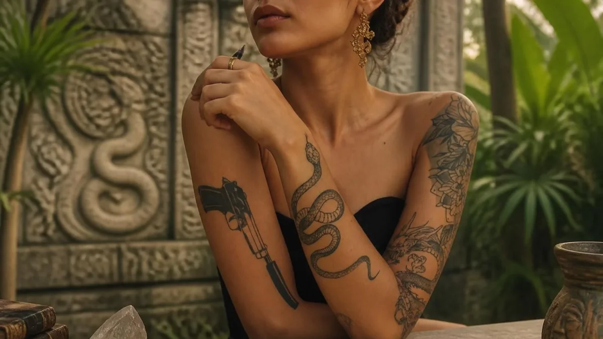 Une personne tatouée d'un serpent et d'une arme pose devant un livre ancien pour illustrer la tatouage serpent signification