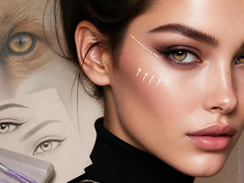 Gros plan d'un visage féminin aux yeux en amande illustrant la tendance esthétique des Fox Eyes