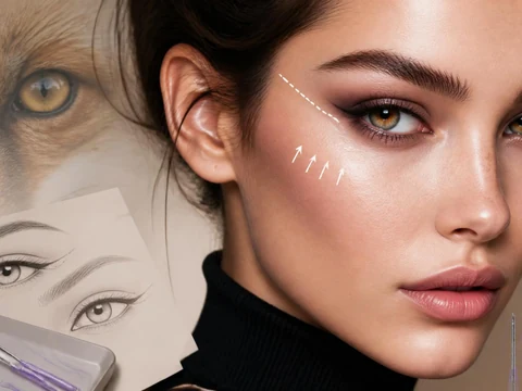 Gros plan d'un visage féminin aux yeux en amande illustrant la tendance esthétique des Fox Eyes