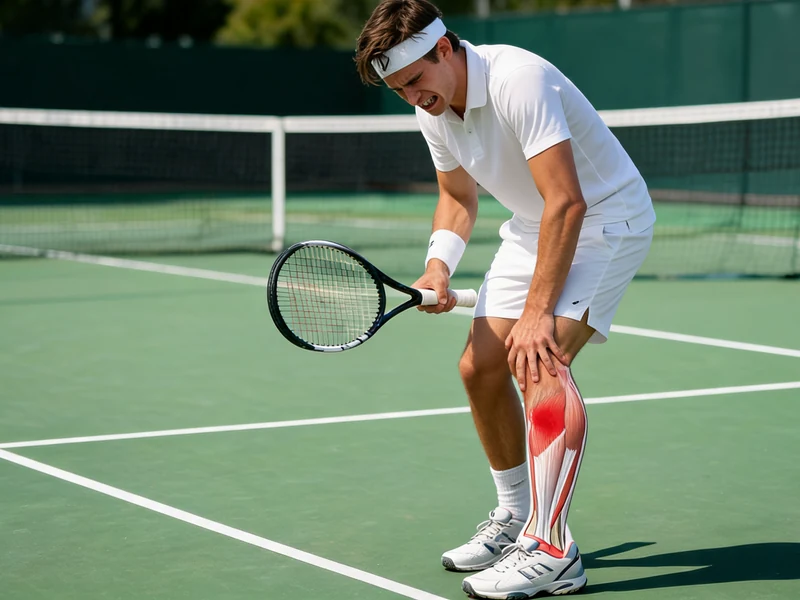 Joueur de tennis souffrant d'une douleur au mollet illustrant un tennis leg sur le court