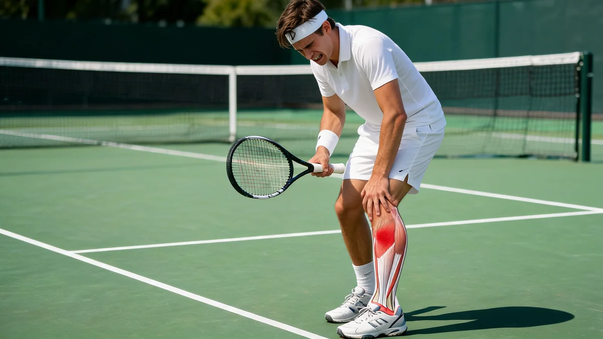 Joueur de tennis souffrant d'une douleur au mollet illustrant un tennis leg sur le court