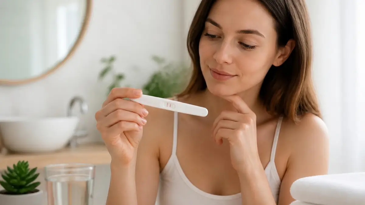 Une jeune femme souriante examine avec attention un test d'ovulation et grossesse dans une salle de bain lumineuse