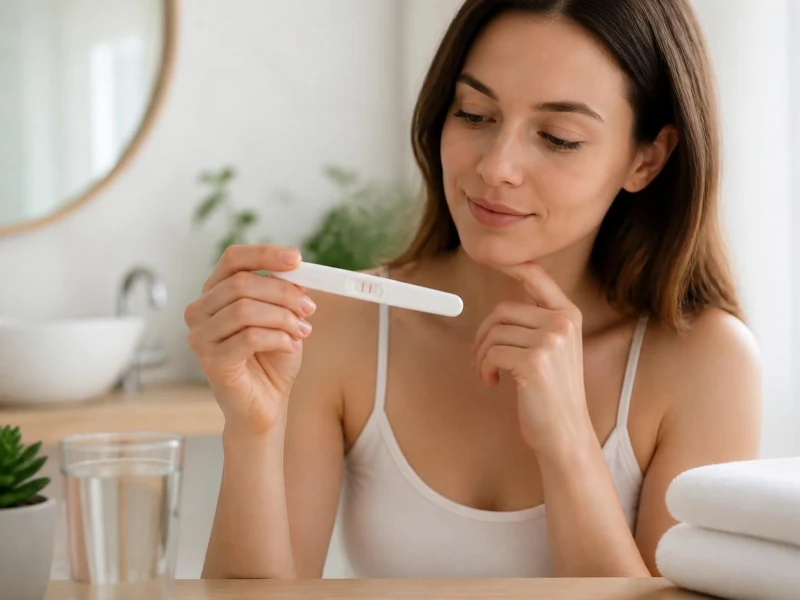 Une jeune femme souriante examine avec attention un test d'ovulation et grossesse dans une salle de bain lumineuse