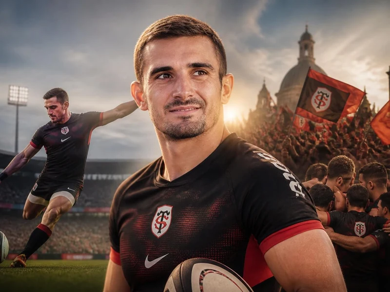 Portrait du rugbyman Thomas Ramos avec, en arrière-plan, une action de jeu et une foule en liesse