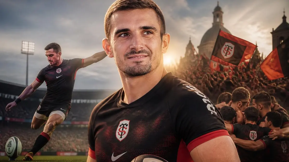 Portrait du rugbyman Thomas Ramos avec, en arrière-plan, une action de jeu et une foule en liesse