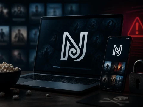 Un ordinateur et un smartphone affichant le contenu du Nakios site avec un bol de pop-corn et un cadenas à proximité