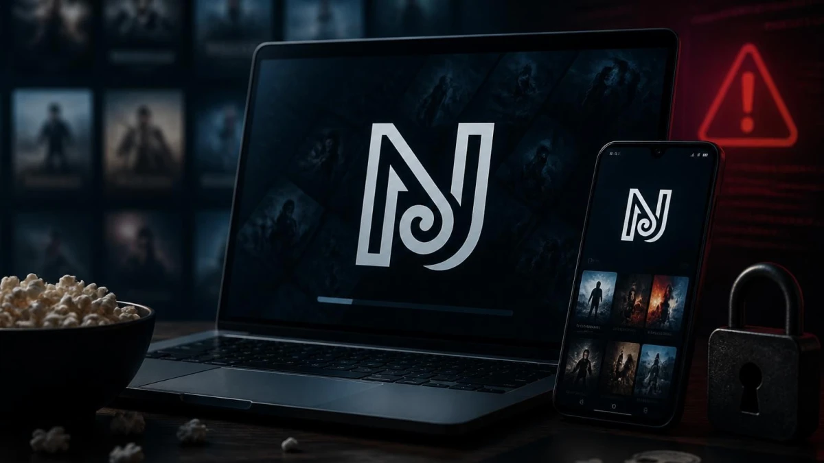 Un ordinateur et un smartphone affichant le contenu du Nakios site avec un bol de pop-corn et un cadenas à proximité