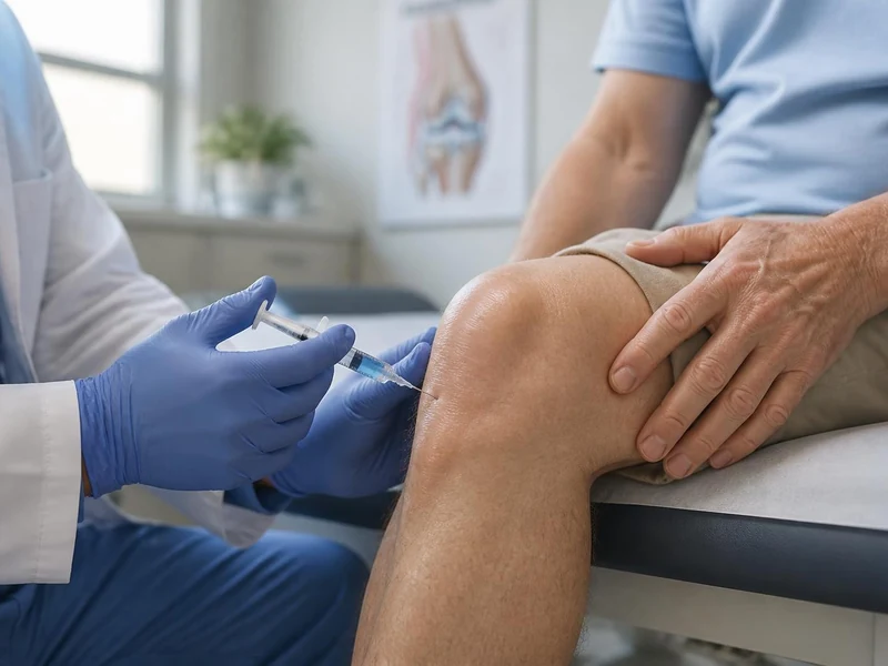 Médecin effectuant une injection de viscosupplémentation dans le genou d'un patient en cabinet médical