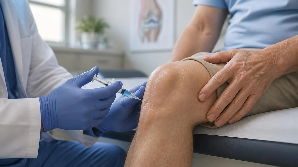 Médecin effectuant une injection de viscosupplémentation dans le genou d'un patient en cabinet médical