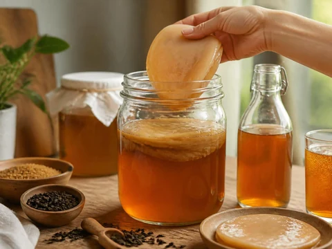 Une main dépose délicatement un scoby Kombucha dans un bocal en verre rempli de thé pour la fermentation