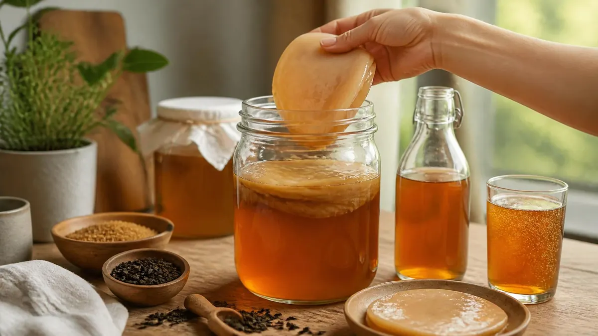 Une main dépose délicatement un scoby Kombucha dans un bocal en verre rempli de thé pour la fermentation