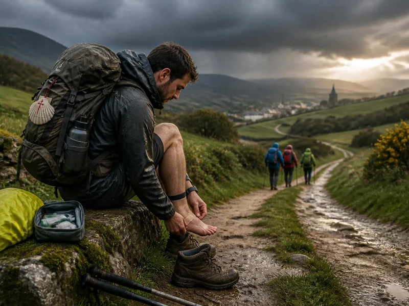 Un randonneur soigne ses ampoules au pied pour illustrer les dangers sur le Chemin de Compostelle sous un ciel menaçant
