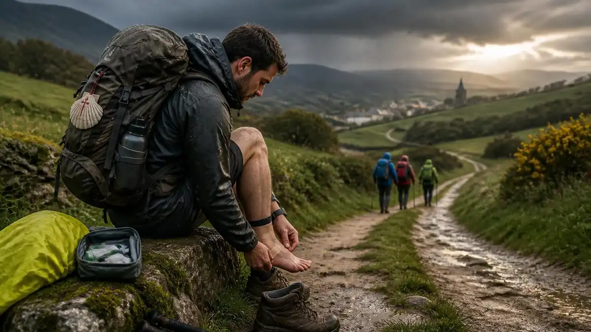 Un randonneur soigne ses ampoules au pied pour illustrer les dangers sur le Chemin de Compostelle sous un ciel menaçant