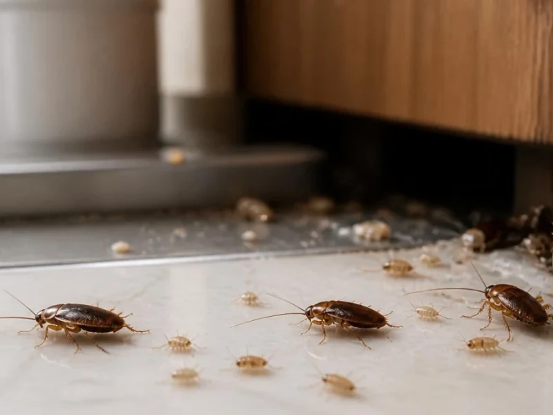 Plusieurs spécimens de bébé cafard circulent sur le sol d'une cuisine près d'un meuble