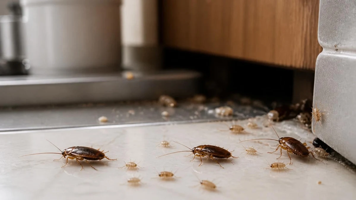 Plusieurs spécimens de bébé cafard circulent sur le sol d'une cuisine près d'un meuble