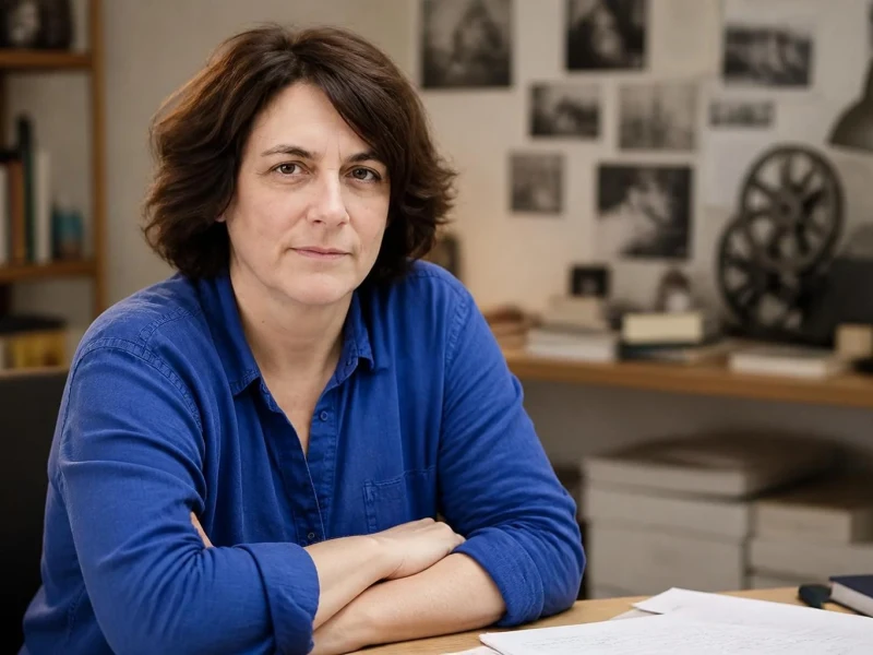 Portrait de la réalisatrice Mariana Otero assise à son bureau avec les bras croisés