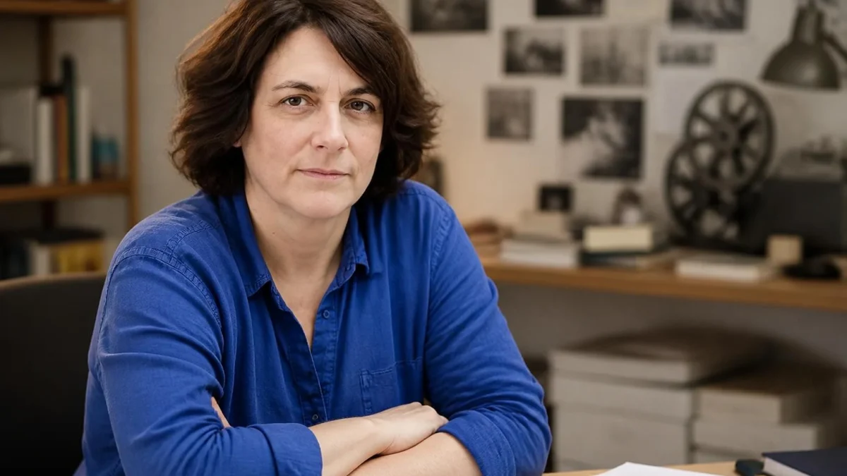 Portrait de la réalisatrice Mariana Otero assise à son bureau avec les bras croisés