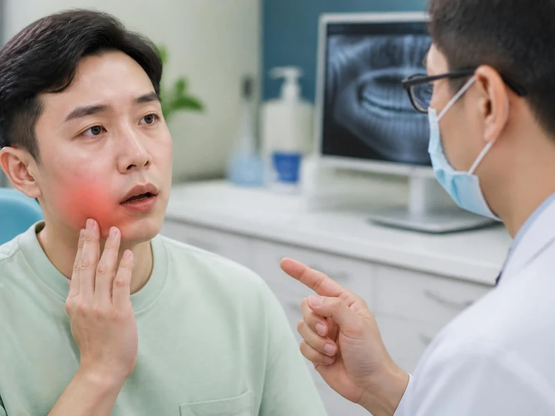 Un patient en consultation dentaire montre sa joue qui gonfle à son dentiste pour expliquer son problème