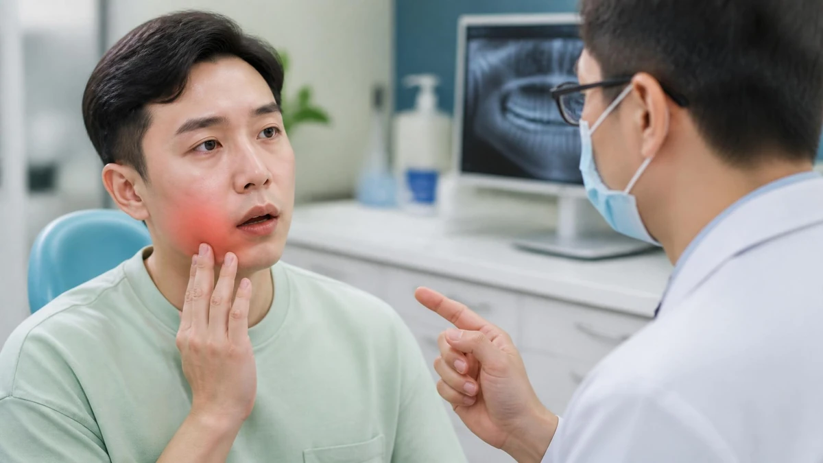 Un patient en consultation dentaire montre sa joue qui gonfle à son dentiste pour expliquer son problème