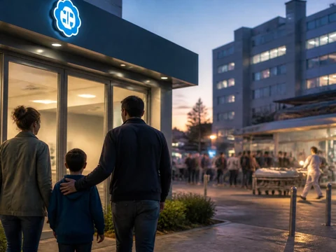 Une famille se dirige vers l'entrée d'un centre de permanence médicale Marseille en soirée