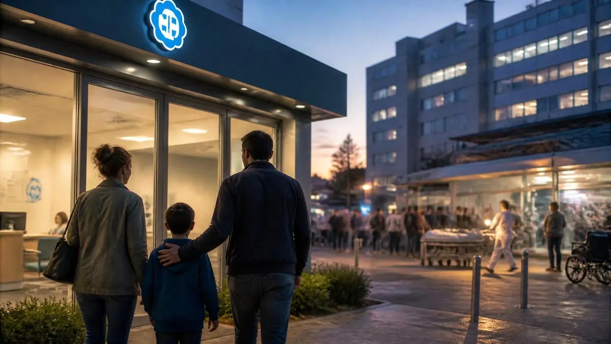 Une famille se dirige vers l'entrée d'un centre de permanence médicale Marseille en soirée