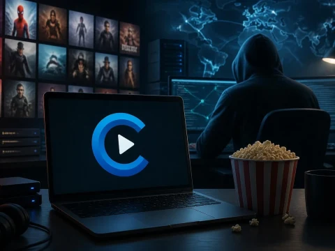 Personne devant un écran d'ordinateur avec du pop-corn pour illustrer l'utilisation de Vexmovies