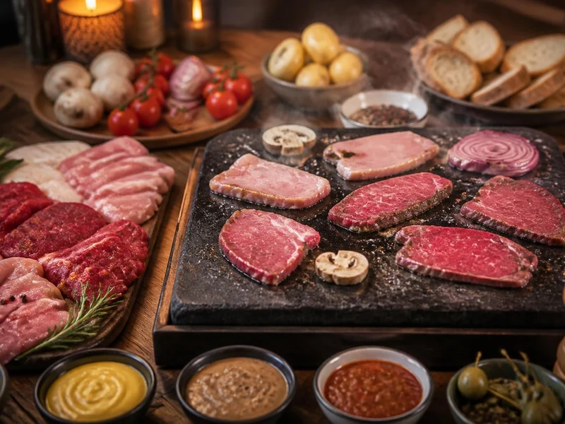 Assortiment de viande pour pierrade et légumes frais prêts à être grillés sur une pierre chaude