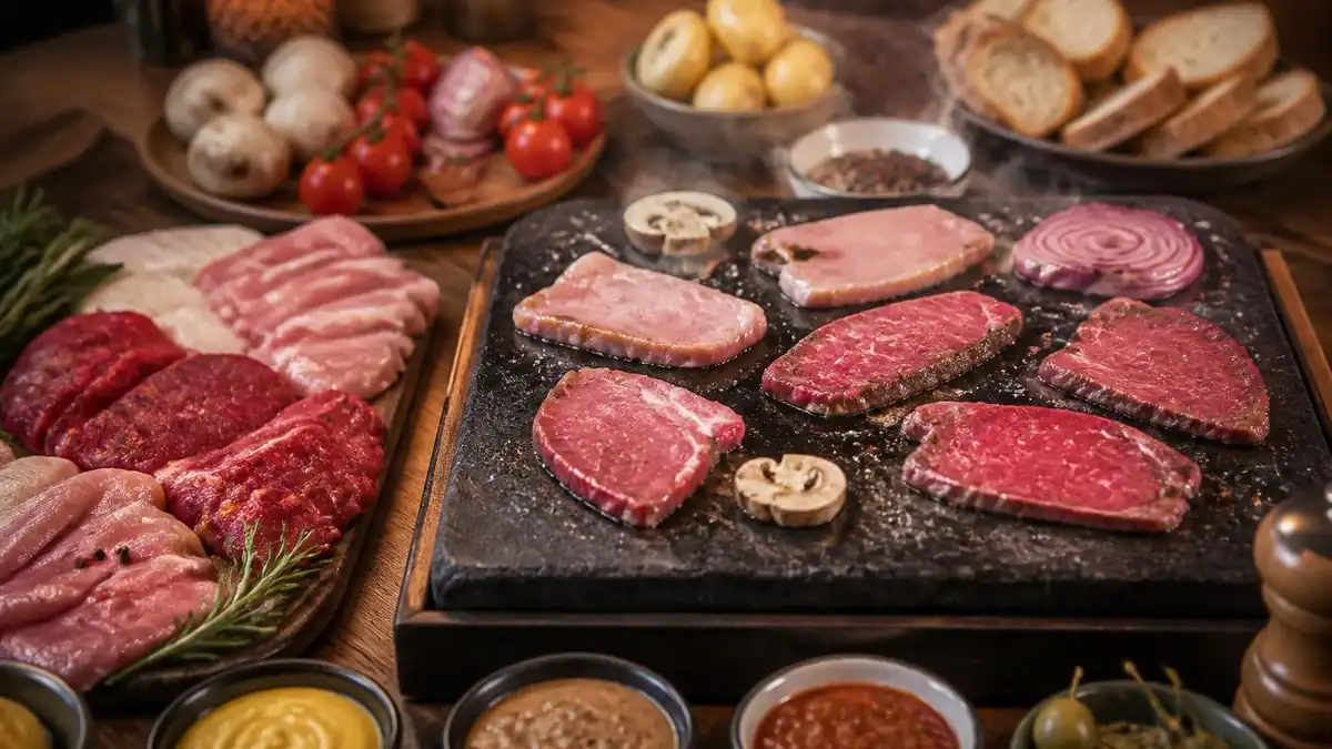 Assortiment de viande pour pierrade et légumes frais prêts à être grillés sur une pierre chaude