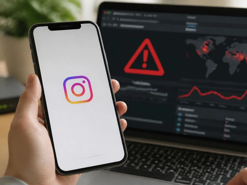 Une personne vérifie sur son smartphone et son ordinateur un bug Instagram aujourd'hui signalé par des alertes techniques