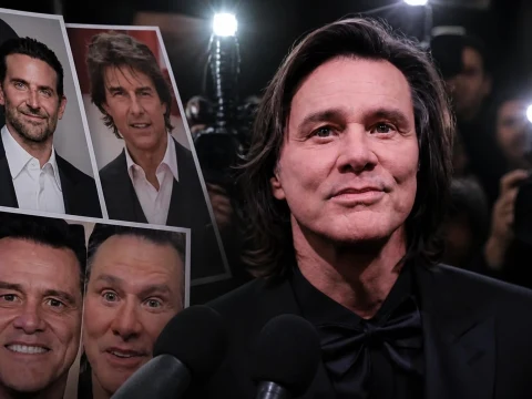 Portrait de Jim Carrey entouré de photos illustrant les rumeurs autour de la Jim Carrey chirurgie