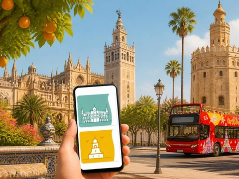 Main tenant un smartphone avec un Séville pass devant la cathédrale et la Torre del Oro à Séville