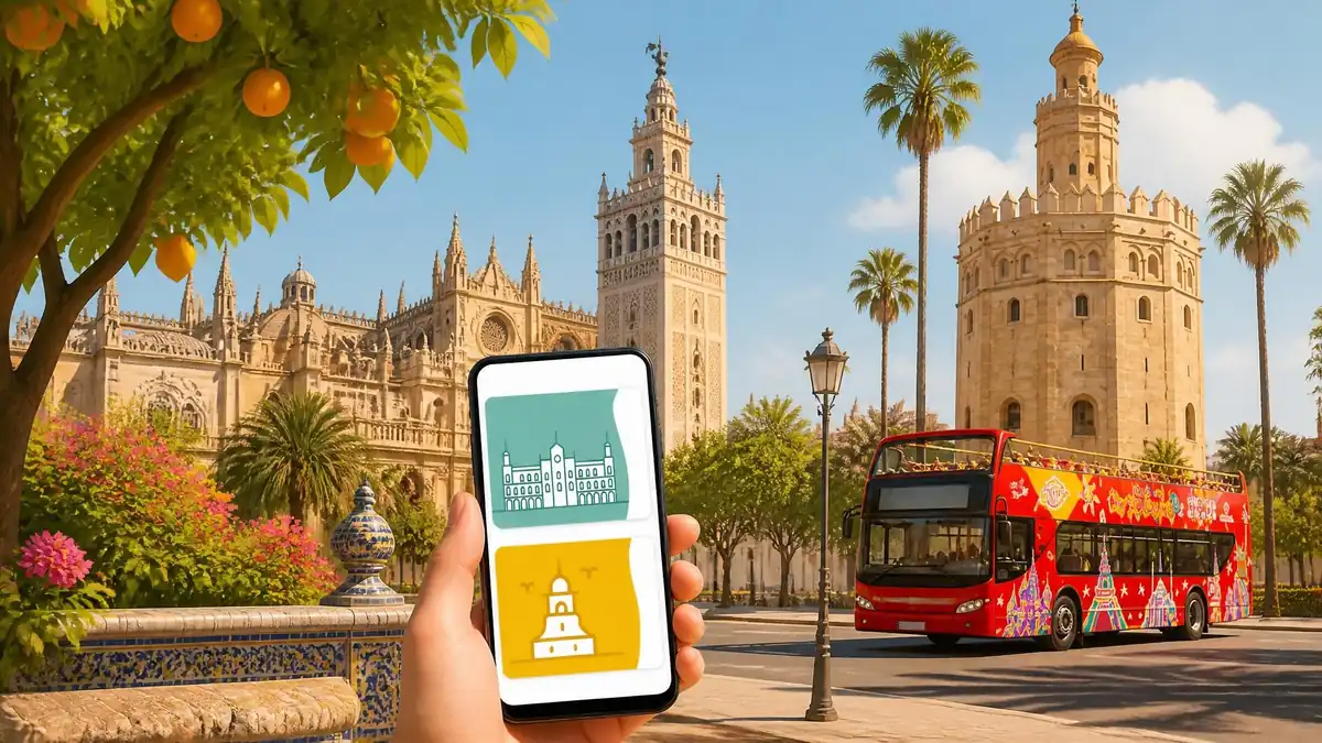 Main tenant un smartphone avec un Séville pass devant la cathédrale et la Torre del Oro à Séville